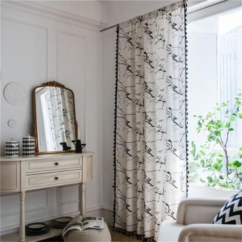 1.5M Width Marble Print Curtains Kitchen Room Curtains Cotton Linen Semi-shading Bay Window Curtains Home Decoration
