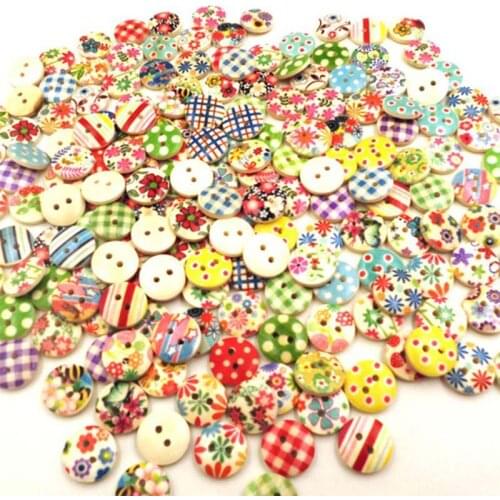 100 Pcs/pack 15mm Round Wood Mixed Two Holes Buttons Flower Printed Pattern Button Sewing DIY Craft Decor Sewing supplies