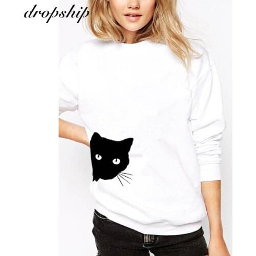 2020 Womens Cat Print Loose O Neck Long Sleeve Casual Hoodies Autumn Long Sleeve White Grey Black Sweatshirt For Women