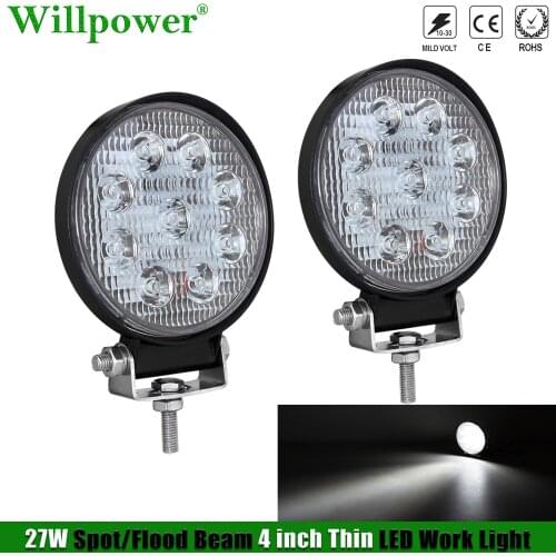2x Offroad Car 27W 4" Thin LED Work Light Spotlights Headlight For Jeep JK 4X4 Truck SUV UTV Fog Light Flood Round Driving Lamp