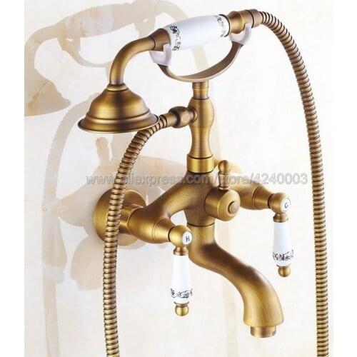 Antique Brass Wall Mount Telephone Euro Bath Tub Faucet Mixer Tap w/ Handheld Spray Shower Ktf312