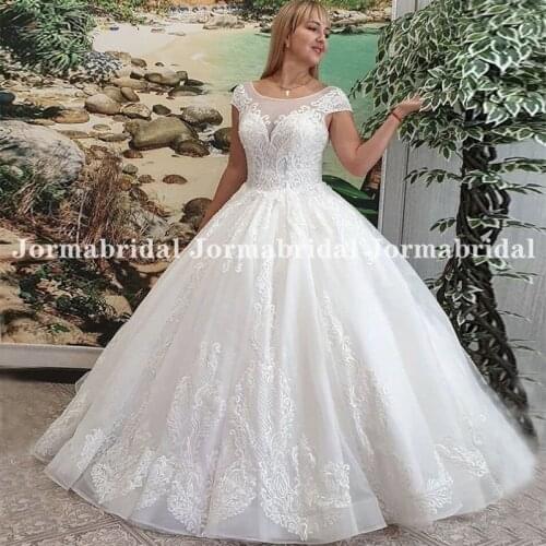 White Ivory Lace Appliques Ball Gown Wedding Dress Vintage Sheer Cap Sleeves Puffy Bridal Dress Floor Length Vestido de Novia