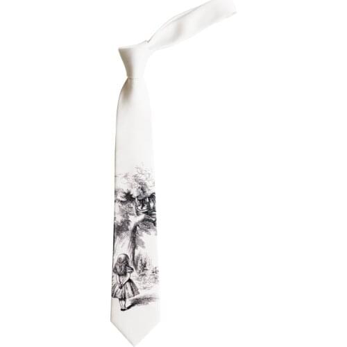 Free shipping New male mens female Original design necktie Sketch hand drawn alice in wonderland fairy tale cat white tie