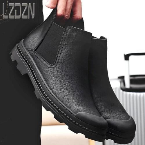 Genuine Leather Shoes Casual One-Step High-Top Mens Leather Boots Cotton Plus Cashmere Martin Chelsea Tooling Winter Shoes