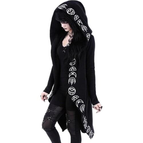 Black Plain Moon Print Zip-up Full Sleeve Long Casual Gothic Hoodie Sweatshirt Punk Rock Clothing 6XL Plus Size Women Hoodies
