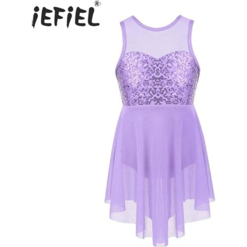 Kids Girls Ballet Dance Dress Sequins Criss-Cross Back Irregular Hem Illusion Lyrical Dance Gymnastics Costume Ballerina Dress