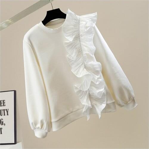 Exquisite Rhinestone Single-Side Sweet Tridimensional Ruffled Stitching Crew Neck Pullover Sweatshirt Women Loose Hoodies Femme