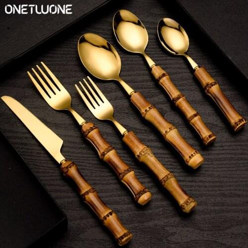 Tableware With Bamboo Handle, With Steak Knives Cutlery,Gold Stainless Steel Flatware Cutlery, Set Includes Forks Spoons Knives
