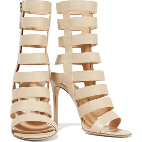 New Designer Beige PU Leather Thin High Heel Women Gladiator Sandal Boots Stiletto Heel Strappy Dress Shoes
