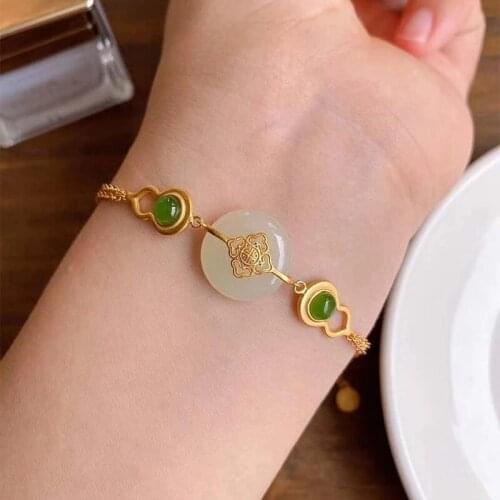 New Inlaid Natural Hetian Chalcedony Gourd Bracelet Chinese Style Retro Unique Ancient Gold Craft Charm Womens Brand Jewelry