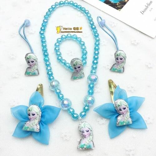 6pcs Disney cartoon Frozen children necklace+bracelet+hair clip head rope headwear girl birthday gift cosmetic Elsa accessories