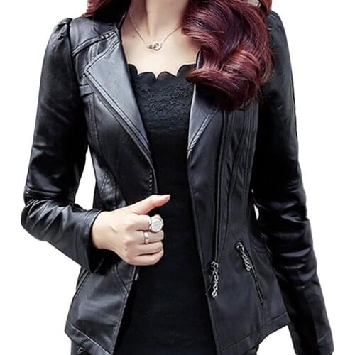 Womens Coat PU Fashion Black Stand Neck New Slim Bright Colors Female Motorcycle Coat Soft Faux Leather Jacket