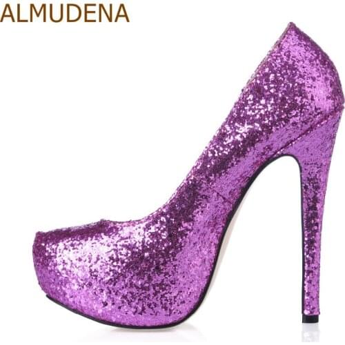 ALMUDENA Top Brand Lavender Blue Gold Bling Bling Sequined Pumps Platform Dress Shoes Glittering Wedding Shoes Paillette Shoes