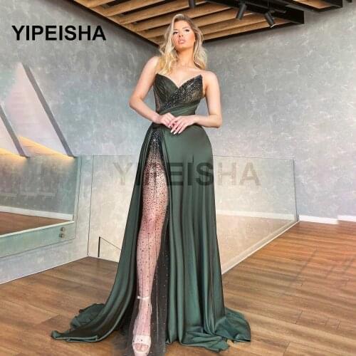 Strapless Sleeveless Glittery Sequined Evening Dresses A-Line Backless Front High Split Prom Party Gown vestidos de fiesta