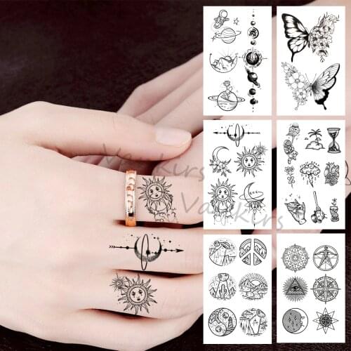 Cartoon Little Sun Moon Temporary Tattoos For Women Kids Butterfly Hourglass Mandala Badge Fake Tattoo Sticker Finger Leg Tatoos