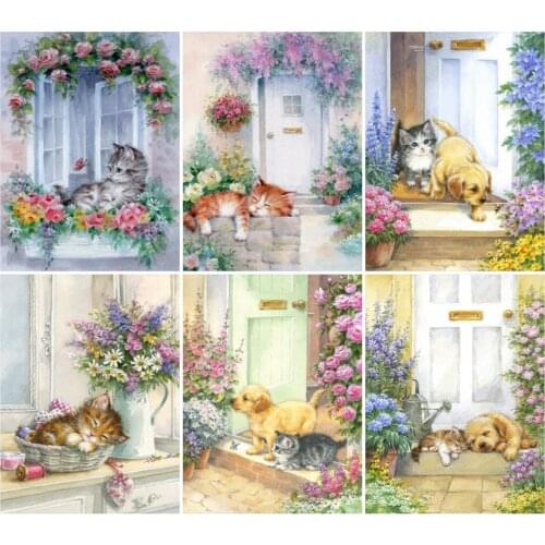 Yumeart Diamond Embroidery Cat Flower Door Square Diamond Painting by Number Animal Garden Picture Of Beaded Mosaic Kits Hobbies