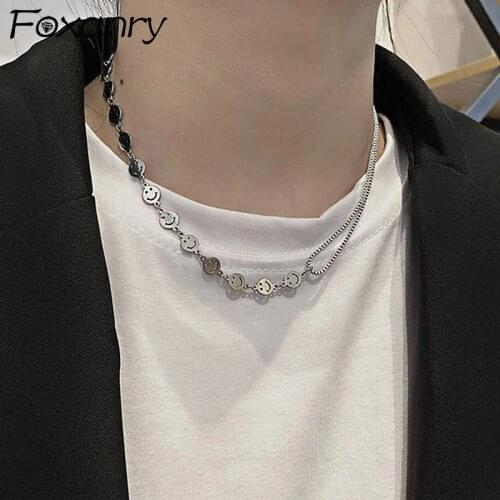 Foxanry 925 Sterling Silver Smiley Face Clavicle Chain Trendy Necklace for Women Vintage Punk Thai Silver Party Jewelry Gifts