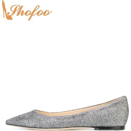 Silver Flats Sequined Cloth Women Slip On Large Size 12 16 Ladies Office Shoes Pointed Toe Summer Fashion Mature Concise Shofoo