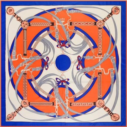 POBING 100% Silk Scarf Women Spain Chain Neckerchief Luxury Brand Scarves Wraps Lady Bandana Female Foulards Large Head Hijab