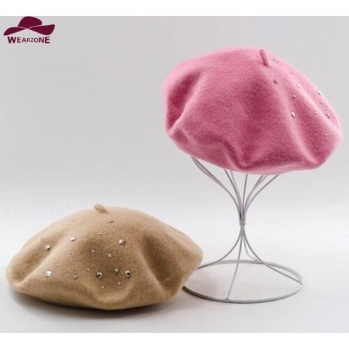 2015 New Casual Bead Women Rivet Wool Beret Hat Gift Winter and Autumn Boina Feminina French Cap Elegat Artist Cap Ladys Hat