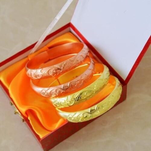 1 Pair Pure Brass Copper Bracelet Flower Engraving Authentic Quality Genuine Good Fortune Luck Gift Handmade