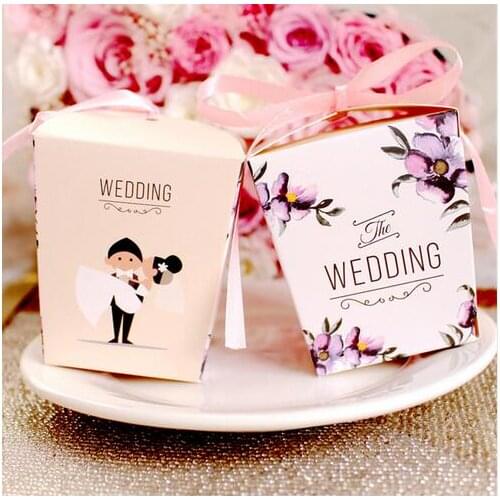 20pcs/lot Bride and Groom Printed Wedding Decoration Candy Box With Pink Color Ribbon Sweet Party Favor Gift Box