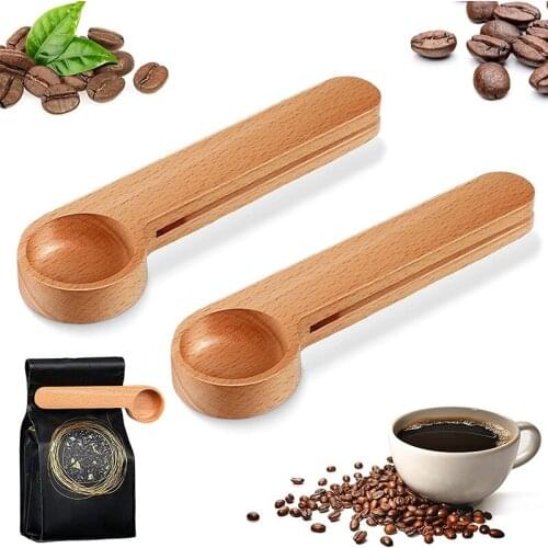 4Pieces Wood Coffee Scoop with Clip Measuring Spoon Tea Coffee Bag Clip Spoon Coffee Bean Loose Tea Spoon for Coffee