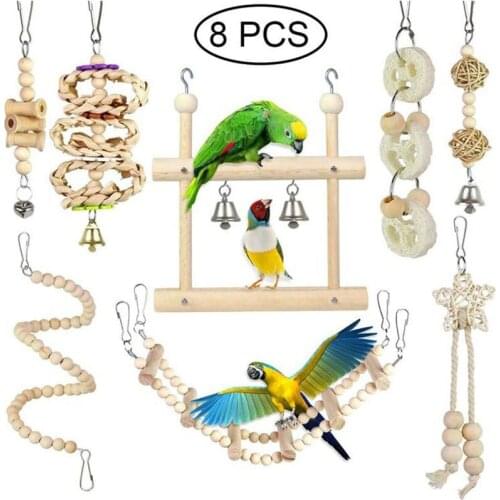 8 Pcs/Set Bird Parrot Swing Chew Toys Natural Wood Hanging Bell Birds Cage Toy for Small Parakeets Cockatiels Bird Supplies