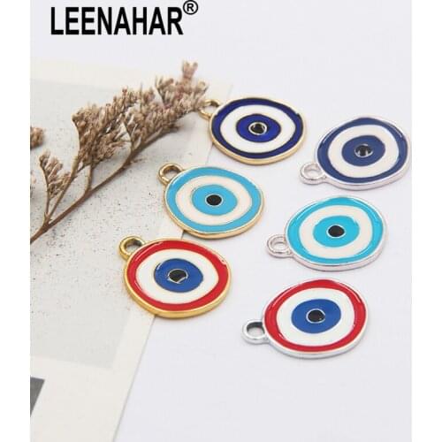Leenahar-5PCS Gold Silver Plated Enamel Evil Eye Disc Charms Alloy Metal Turkish Lucky Eye Pendants for DIY Jewelry Making