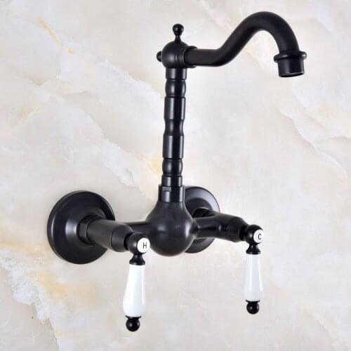 Black Oil Rubbed Bronze Bathroom Kitchen Sink Faucet Mixer Tap Swivel Spout Wall Mounted Two Handles mnf869