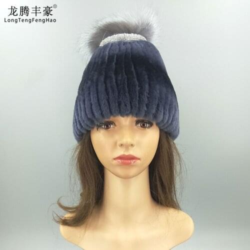 Women Real Rex Rabbit Fur Hats Female Solid Beanies With Big Fox Fur Ball Pompom Lady Casual Hat Girl Cute Warm Caps