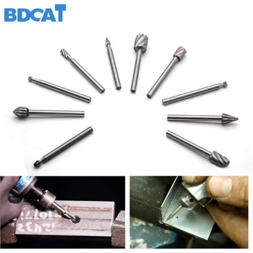 BDCAT 10pc/set Burr Woodworking Drill Bit Rotary Files High Speed Steel Carving Rasps For Dremel 1/8 Inch Shank Wood Carving