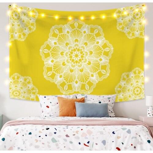 Indian Yellow Mandala Tapestry Psychedelic Flower Wall Hanging Background Dorm Bedroom Living Room Boho Decor Picnic Beach Mat