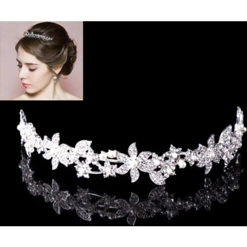 JAVRICK Bridal Flower Tiara Crown Faux Pearl Rhinestone Hair Band Headband Prom party Wedding wear