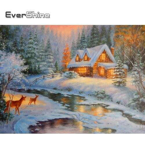 EverShine 5D Full Square Diamond Painting Scenery Picture Of Rhinestones Diamond Embroidery Winter Mosaic Art Set House Wall Art