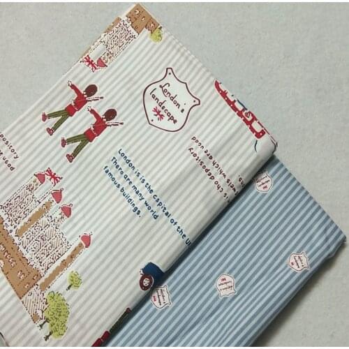 Classic 50x160cm UK Royal Soliders Bus & Blue Stripe Printed Cotton Fabric For DIY sewing Doll Cloth bedding quilting