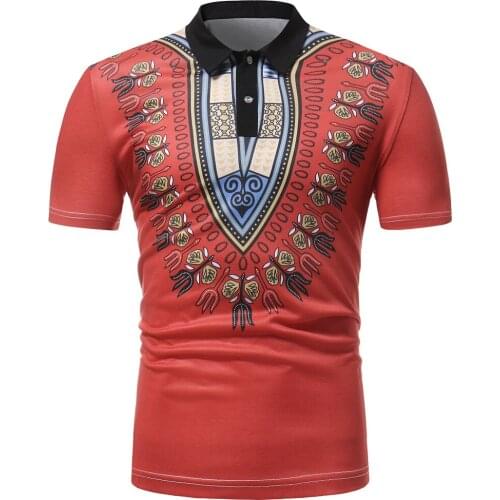 Red Dashiki Print African Clothing Men Slim Fit Short Sleeve Polo Shirt Men Tee Shirt Homme Hip Hop Hipster Men African Clothes