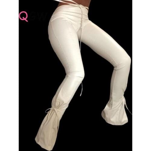 BaQGW Fashion Ladies Legging PU Leather Trousers White Black Lace Up Gothic Long Pants Women High Waist Sexy Hollow Skinny Pants