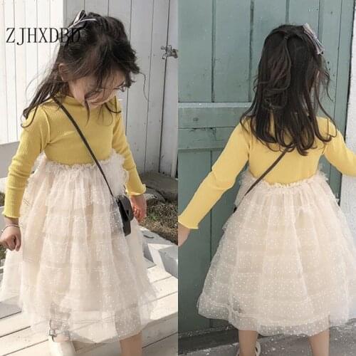 Patchwork Dress for Girls Solid Yellow Lace White Girls Dress Casual 2020 Autumn Spring Kids Dresses for Girls 3 6 8 10 Clothing