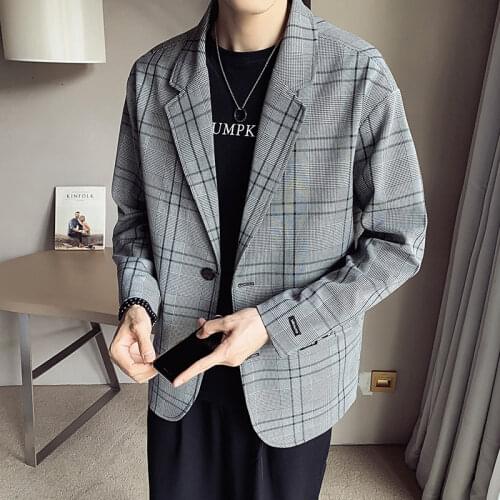 2021 Spring And Autumn Fashion New Mens Casual Plaid Double Breasted Slim Fit Dress Blazers Jacket Coat Suit