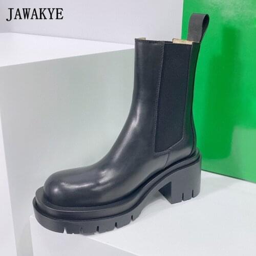2021 Newest Black Women Boots Real Leather Chunky Heel Ankle Booties Round Toe Platform Chelsea Boots Street Style Martin Boots