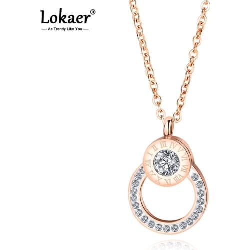 Lokaer Trendy Stainless Steel Choker Necklaces Rose Gold Color AAA Zircon Roma Numbers Pendant Necklace For Women Girls N17077