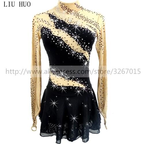 Figure Skating Dress Womens Girls' Ice Skating Dress Roller skating Stand collar long sleeve Black Elastic mesh fabric Kids