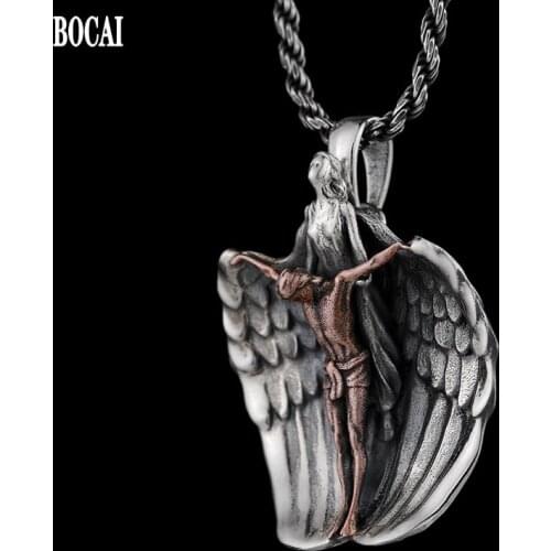 BOCAI real S925 sterling silver Christ Jesus angel, copper bible, redemption cross personality trend Man and Woman pendant