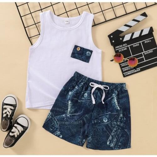 Casual Kids Baby Boy Clothes Set Pockets White Vest Sleeveless Top+Denim Print Shorts Summer Outfits 2pcs Retro Distressed