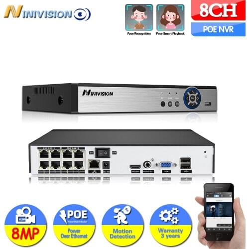 4K 8MP NVR Ultra HD H.265+ 8CH POE Network Video Recorder ONVIF NVR Suppot Face record & Face playback Infrared alert P2P