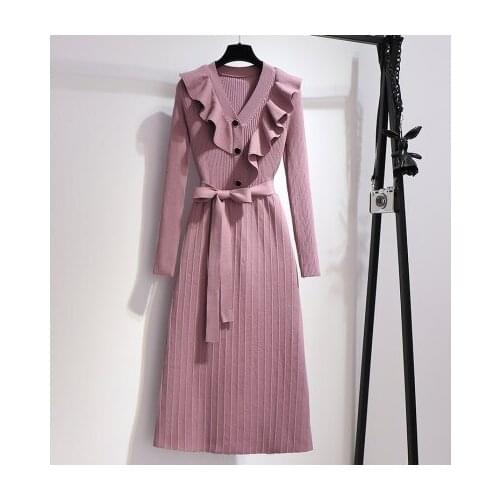 Knitted Dresses Women Fall Winter New Thick Warm V Neck Ruffled Trim Long Sleeve Solid Pleated Sweater Dress Women Robes Femme