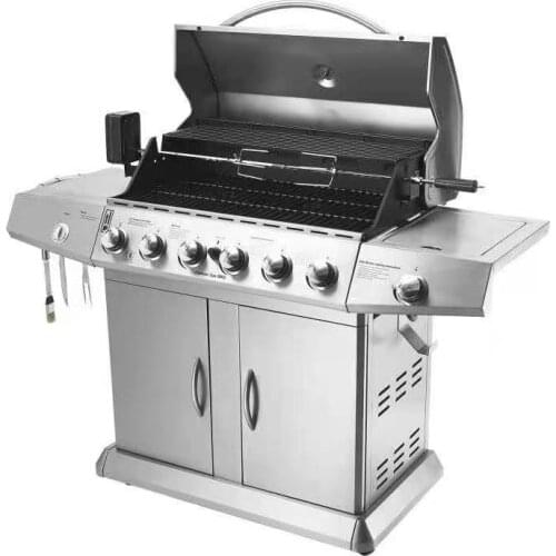 High quality outdoor gas bbq grill,six burners+sider burner ga bbq grill with skewer+motor+cover