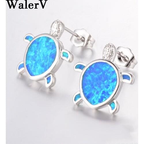 WalerV New Fashion Popular Lovely A Pair of Turtles Imitation Blue Fire Opal Ear Nails for Womens Set Charm Jewelry Gift