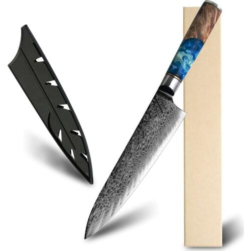 Japanese Vg10 Damascus Steel Kitchen Knife Blue Resin +Color Wood Handle Gift Box Cover Chef Knife Cleaver Santoku Cook Tool